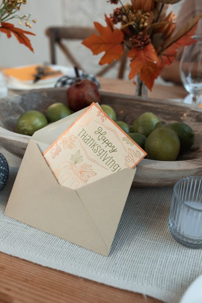 happy thanksgiving greeting card on brown envelope