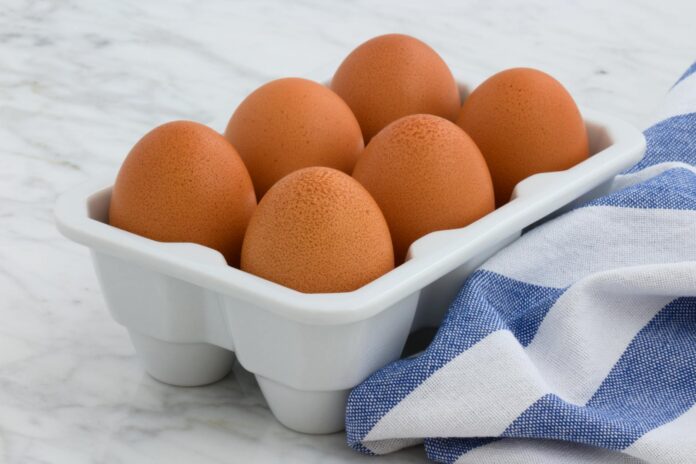 six organic eggs on white tray